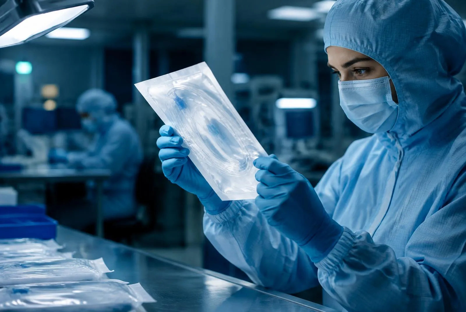 Technician inspecting a sterile-packaged product